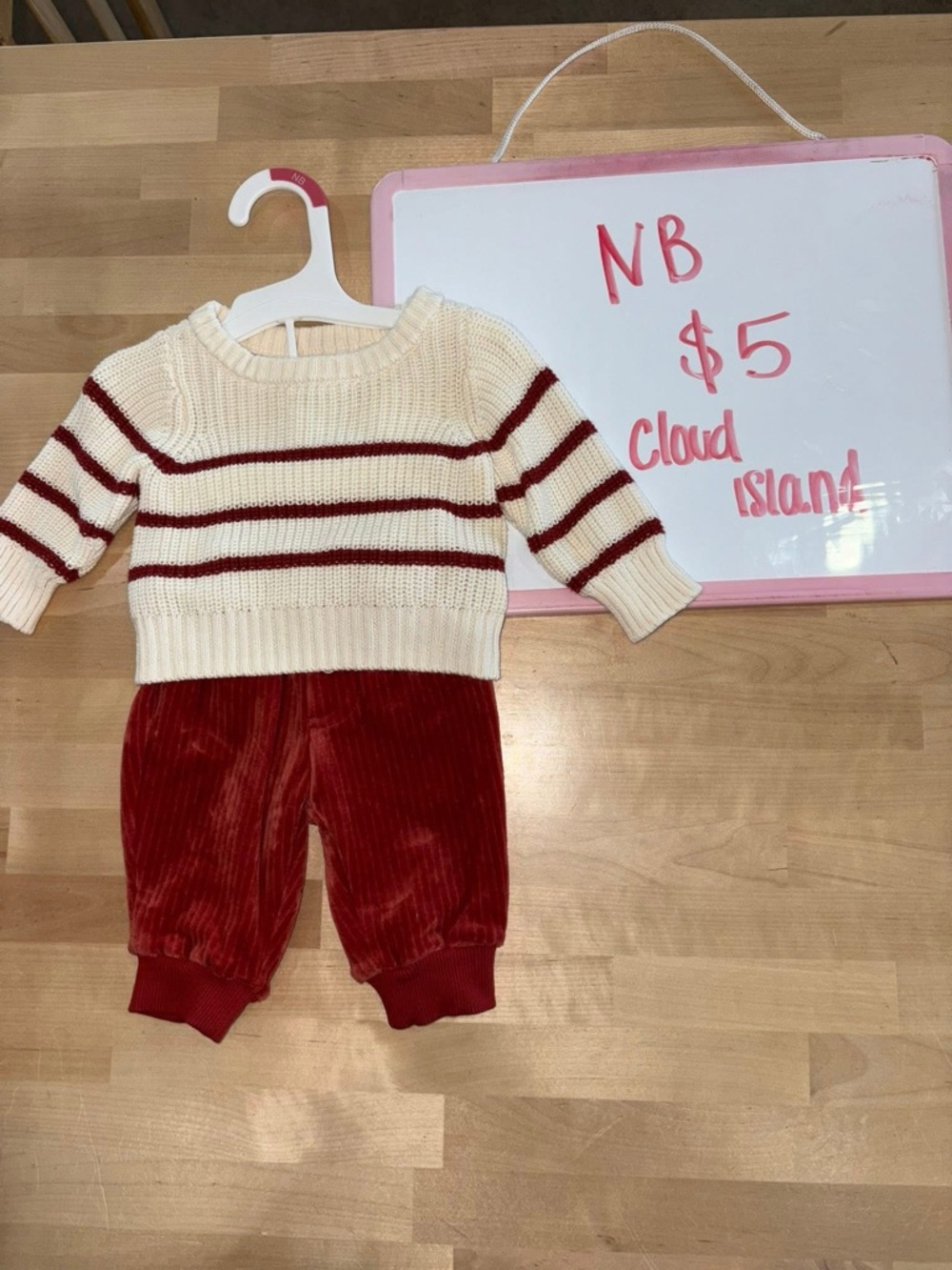 cloud island Cream Knit Sweater with Red Stripe & Red Corduroy Pants